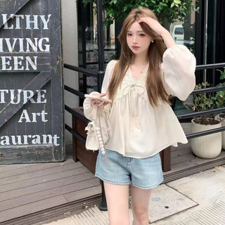 Áo Kiểu Tay Dài Cổ Chữ v Phối Ren Thời Trang Hàn Quốc Cho Nữ