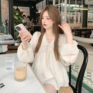 Áo Kiểu Tay Dài Cổ Chữ v Phối Ren Thời Trang Hàn Quốc Cho Nữ