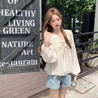 Áo Kiểu Tay Dài Cổ Chữ v Phối Ren Thời Trang Hàn Quốc Cho Nữ