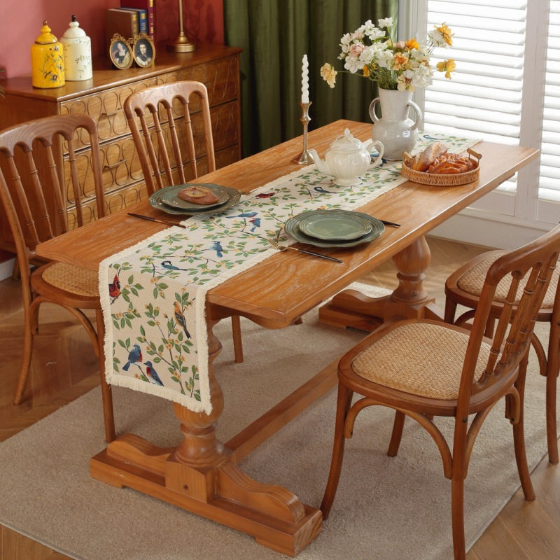 Khăn Trải Bàn Vuông Dài Bằng polyester cotton Dệt Phối Tua Rua Họa Tiết Chim jacquard Đồng Quê Mỹ Bán Sỉ Có Thể Tùy Chỉnh