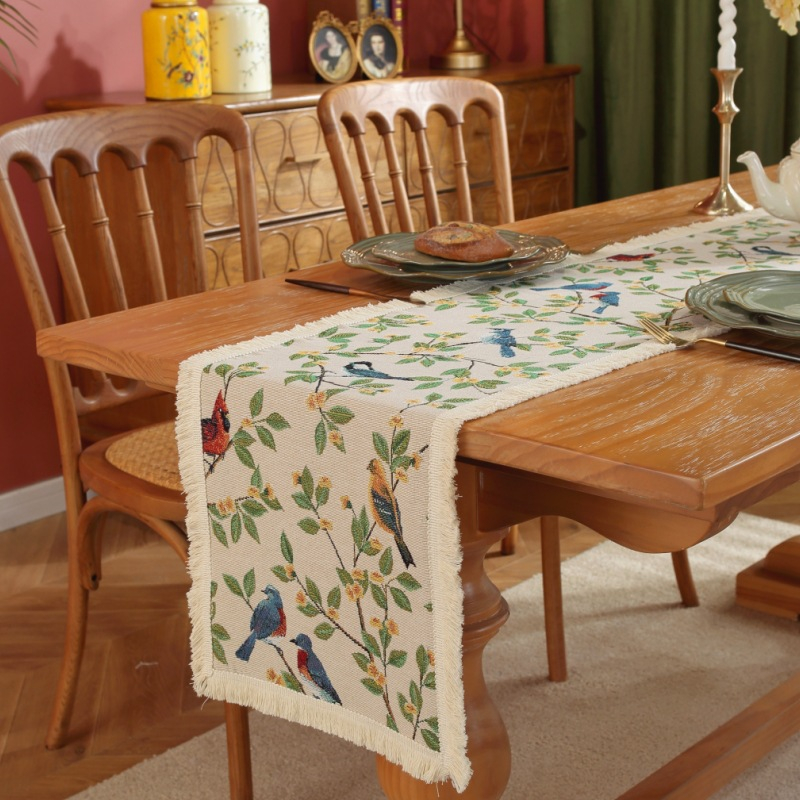 Khăn Trải Bàn Vuông Dài Bằng polyester cotton Dệt Phối Tua Rua Họa Tiết Chim jacquard Đồng Quê Mỹ Bán Sỉ Có Thể Tùy Chỉnh