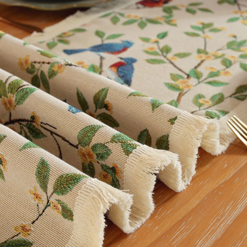 Khăn Trải Bàn Vuông Dài Bằng polyester cotton Dệt Phối Tua Rua Họa Tiết Chim jacquard Đồng Quê Mỹ Bán Sỉ Có Thể Tùy Chỉnh
