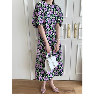 Đầm maxi Dài Dáng Rộng Tay Phồng Cổ Tròn In Họa Tiết Hoa Phong Cách Hàn Quốc Thời Trang Mùa Hè Cho Nữ Mới