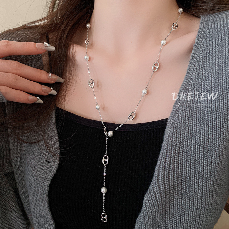 DREJEW Vòng cổ ngọc trai mũi lợn dài cá tính phong cách lạnh xương đòn dây chuyền Pháp retro nhẹ nhàng sang trọng khí chất vòng cổ không gây dị ứng