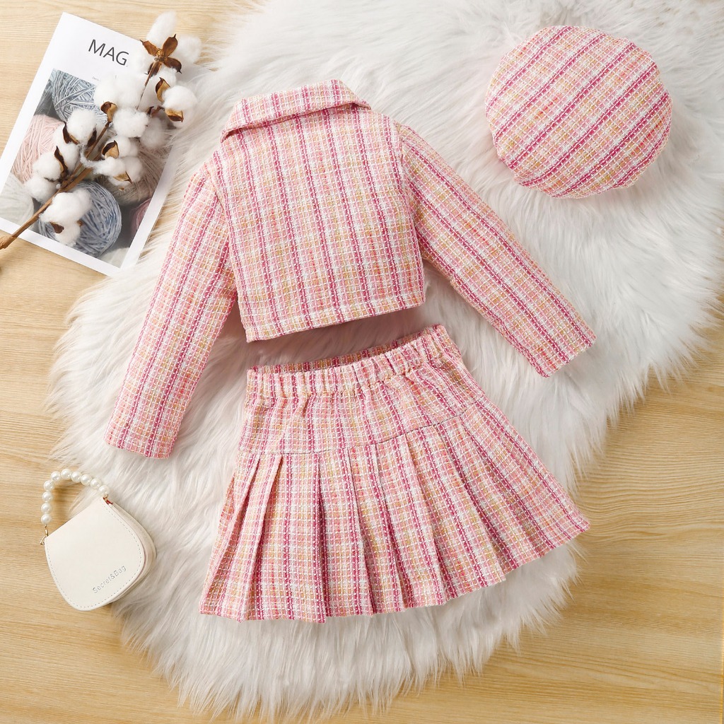 Set Đồ Mùa Thu 3 Món Gồm Áo Khoác Tay Dài Cài Nút + Váy Xếp Ly Kẻ Sọc + Mũ Cho Bé Gái 4-7 Tuổi