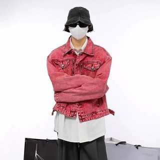 GKSSS  Áo Khoác denim Tay Dài Màu Hồng Phong Cách retro Mỹ Thời Trang Mới Dành Cho Nam Nữ