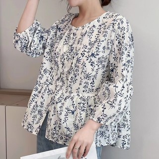 Áo Sơ Mi Voan Tay Dài In Hoa Phong Cách Hàn Quốc Cho Nữ baju baju wanita Lenan panjang