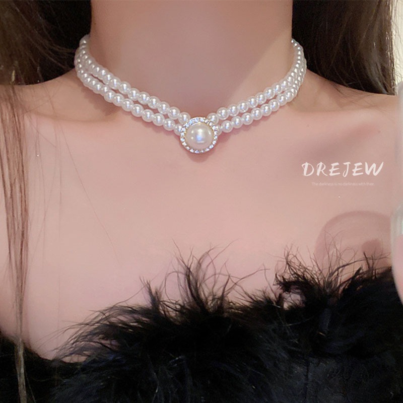 DREJEW Vòng Cổ Hình Tròn đính Kim Cương Kiểu Hai Lớp Cổ đIển Pháp Dây Chuyền Xương đòn Hợp ThờI Trang Khí Chất Dây Chuyền Ngọc Trai