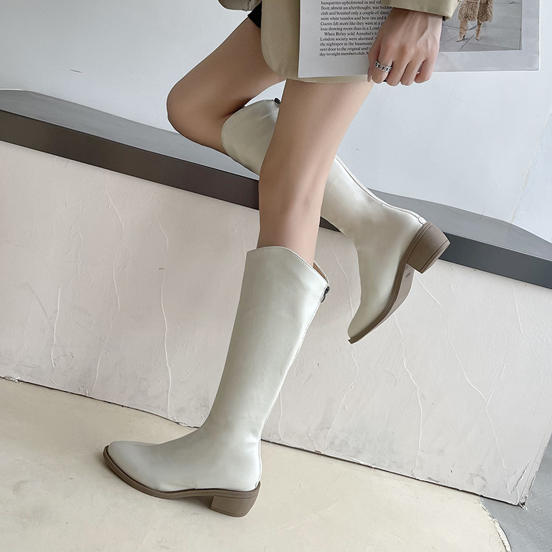 JINxCHOY SHOES Giày Bốt Da Cao Gót Mũi Nhọn Gót Dày Có Khóa Kéo Bên Hông Thời Trang Mùa Đông 2023