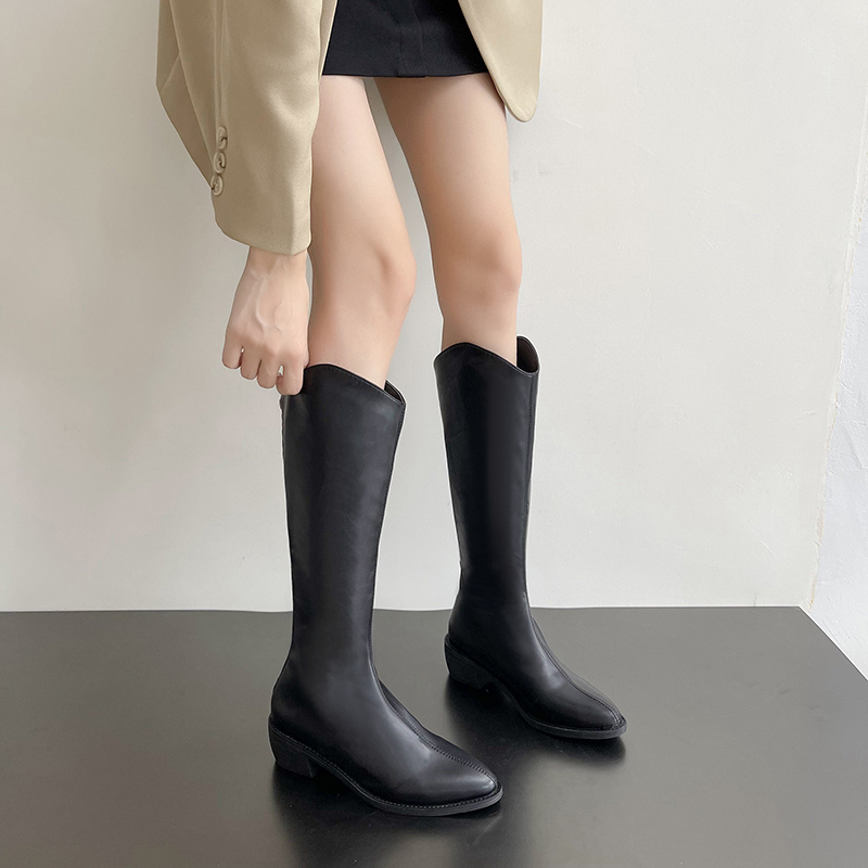 JINxCHOY SHOES Giày Bốt Da Cao Gót Mũi Nhọn Gót Dày Có Khóa Kéo Bên Hông Thời Trang Mùa Đông 2023