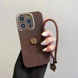 Ốp điện thoại màu nâu Camellia sang trọng có dây buộc cho iphone 16 15 Pro Max 14 Pro Max 13 Pro Max i13 13pro 11ProMax i11 X Xs Max 12Pro 12 Pro Max Vỏ bảo vệ