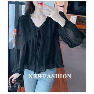 Áo Sơ Mi Chiffon Xếp Ly Dáng Rộng Tay Dài Phong Cách Hàn Quốc Baju Baju Wanita Lengan Panjang Hàng Mới Có Sẵn