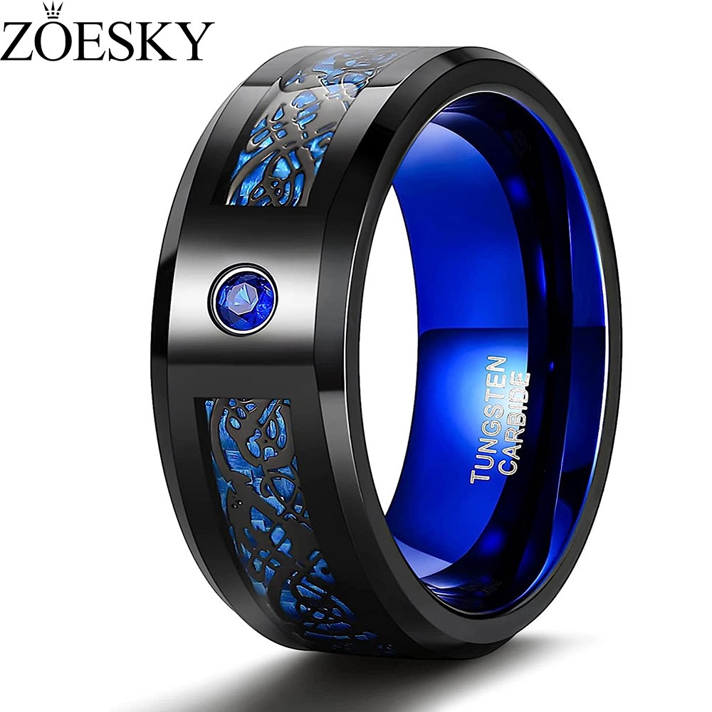 Zoesky 8MM Nhẫn vonfram Đen / Xanh Cubic Zirconia Nhẫn vĩnh cửu Cz Celtic Dragon Wedding Band Beveled Edgefor Nam Size 7-13