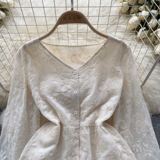 Áo Sơ Mi Nữ Tay Dài Phồng Cổ Chữ v Thêu Hoa Phong Cách Hàn Quốc baju baju wanita Lenan panjang Hàng Mới Có Sẵn