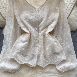 Áo Sơ Mi Nữ Tay Dài Phồng Cổ Chữ v Thêu Hoa Phong Cách Hàn Quốc baju baju wanita Lenan panjang Hàng Mới Có Sẵn