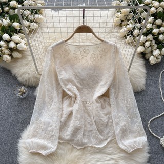 Áo Sơ Mi Nữ Tay Dài Phồng Cổ Chữ v Thêu Hoa Phong Cách Hàn Quốc baju baju wanita Lenan panjang Hàng Mới Có Sẵn