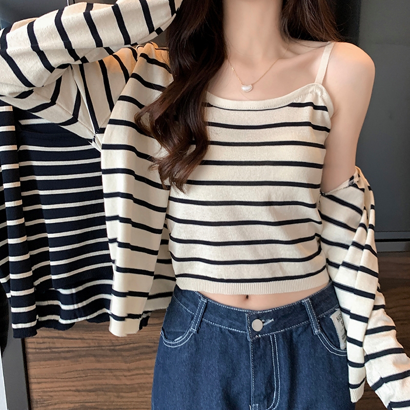 SUXI Áo len dệt kim sọc mỏng vừa vặn Áo hai mảnh phù hợp cho nữ