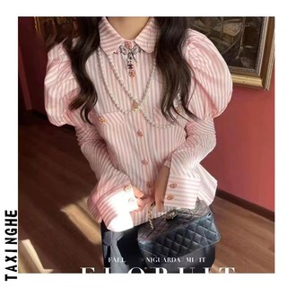 Thời trang nữ Hàn Quốc giản dị phồng dài tay cổ điển cổ áo sọc áo mỏng