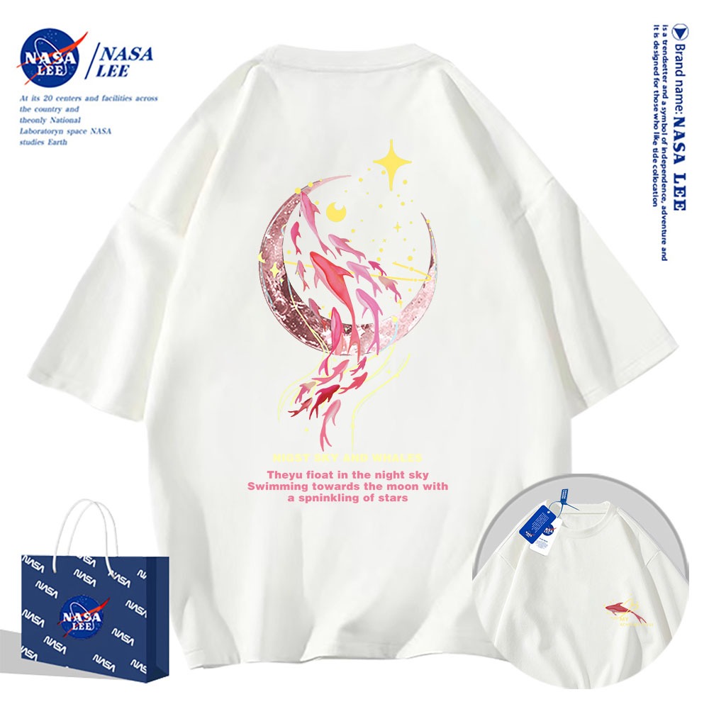 Nasa Đồng Màu hồng Áo Thun Ngắn Tay Nam Nữ Xu Hướng Mùa Hè 2024 Phong Cách Mới Rời Cặp Đôi Nửa