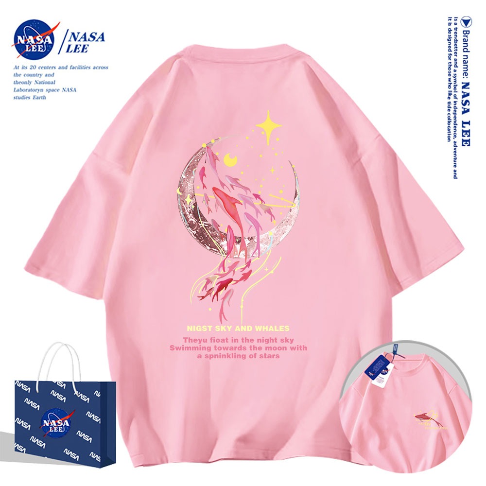 Nasa Đồng Màu hồng Áo Thun Ngắn Tay Nam Nữ Xu Hướng Mùa Hè 2024 Phong Cách Mới Rời Cặp Đôi Nửa