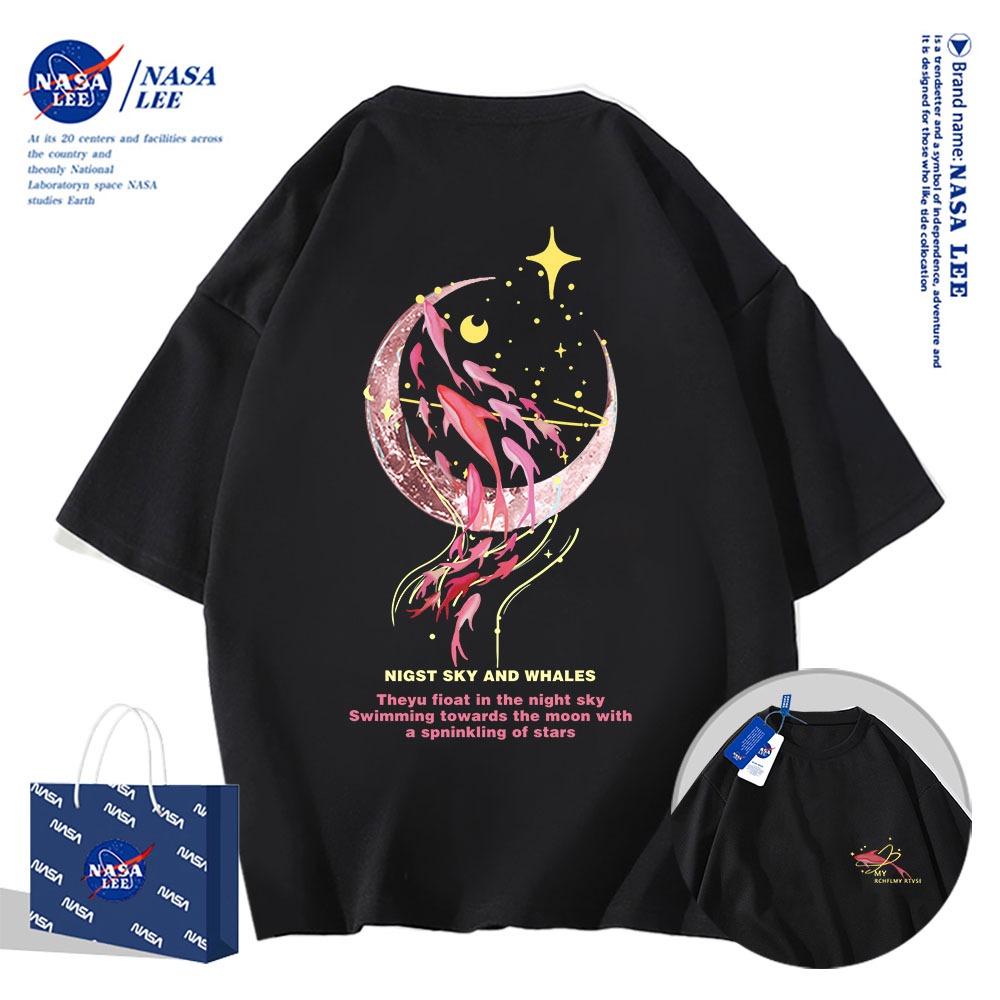 Nasa Đồng Màu hồng Áo Thun Ngắn Tay Nam Nữ Xu Hướng Mùa Hè 2024 Phong Cách Mới Rời Cặp Đôi Nửa