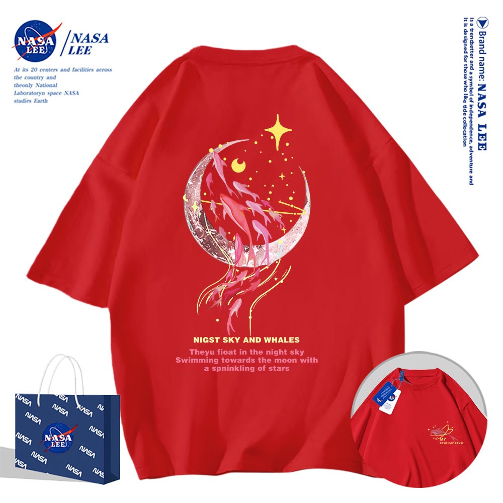 Nasa Đồng Màu hồng Áo Thun Ngắn Tay Nam Nữ Xu Hướng Mùa Hè 2024 Phong Cách Mới Rời Cặp Đôi Nửa
