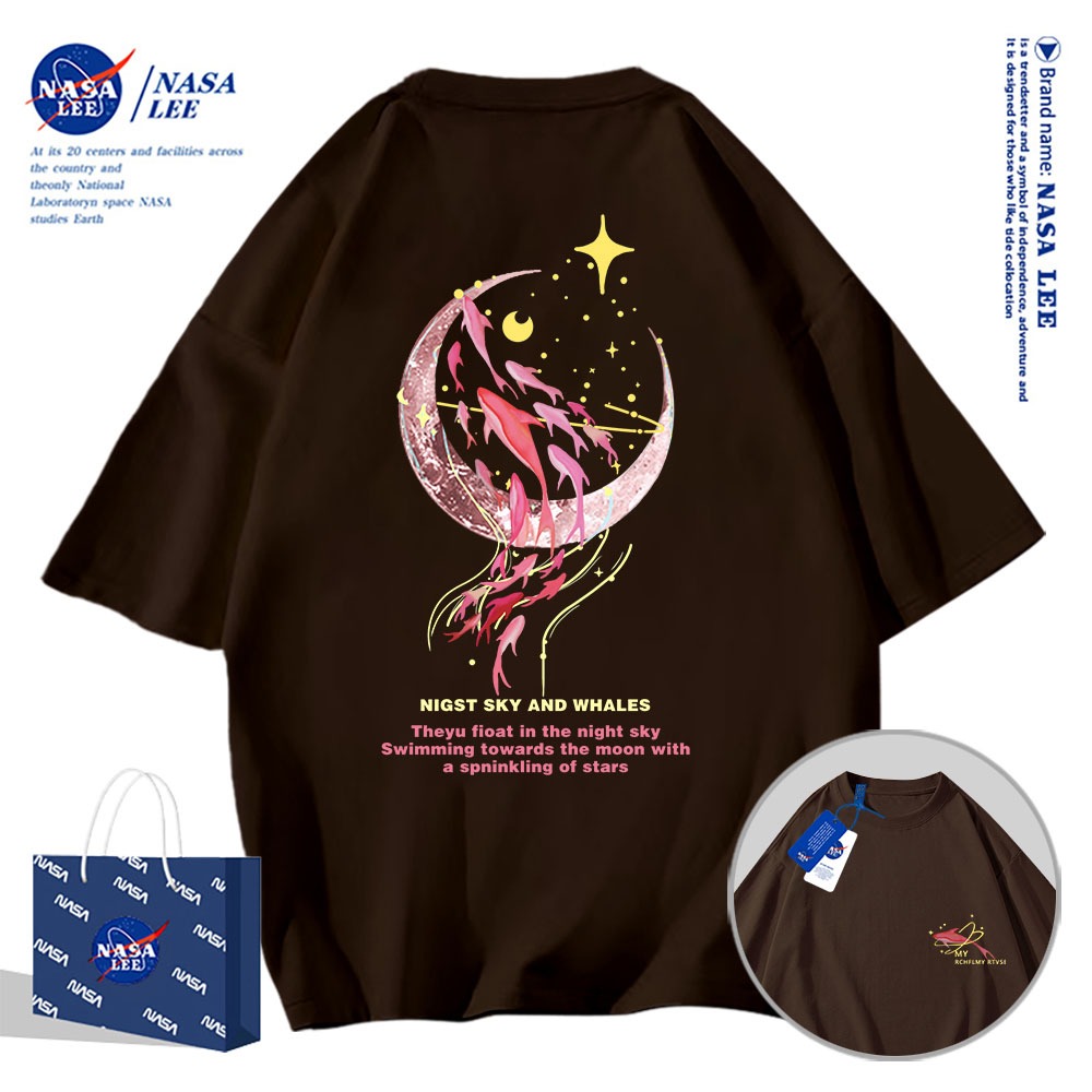 Nasa Đồng Màu hồng Áo Thun Ngắn Tay Nam Nữ Xu Hướng Mùa Hè 2024 Phong Cách Mới Rời Cặp Đôi Nửa