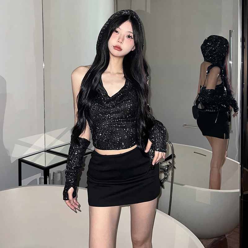 Cutenew Sequins Crop Top Dành Cho Nữ 2024 Phong Cách Đường Phố Hàn Quốc Đảng Gợi Cảm Lưng Hooed Slim Fit Tank Top