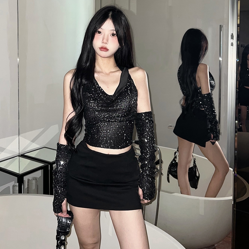 Cutenew Sequins Crop Top Dành Cho Nữ 2024 Phong Cách Đường Phố Hàn Quốc Đảng Gợi Cảm Lưng Hooed Slim Fit Tank Top