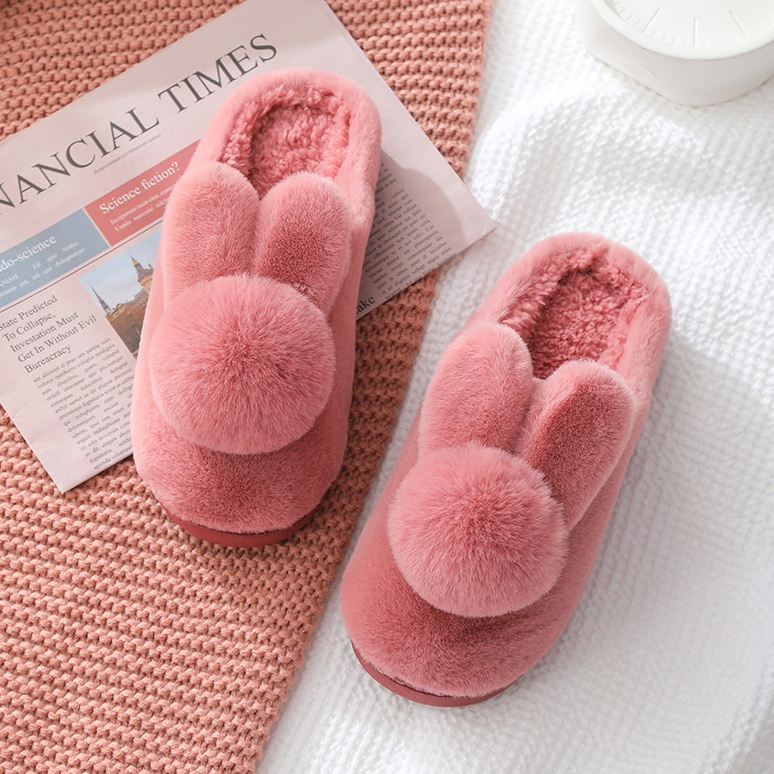 Dép Bông nhung lông tai thỏ dày chống trượt ấm áp mùa đông cho nữ big size35-42