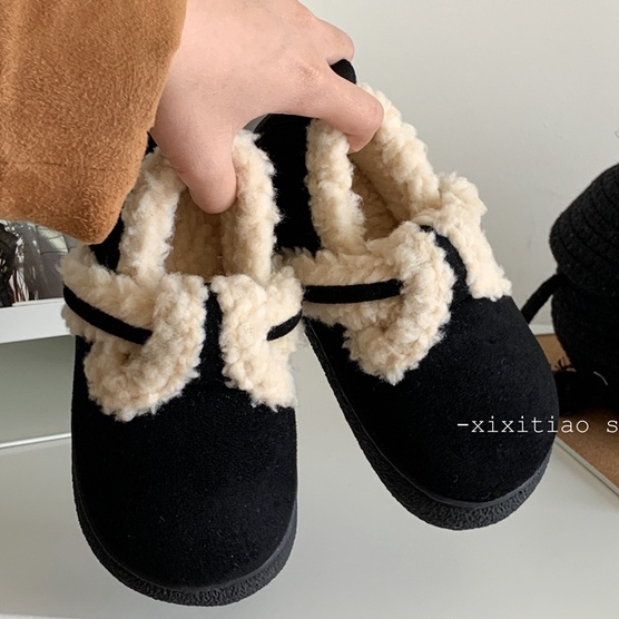 Phiên Bản Hàn Quốc Giày Birkenstock Lông Cừu Retro Có Thể Mặc Bên Ngoài Giày Cotton Ấm Áp Dép Lông Dép Đi Trong Nhà Dép Đi Trong Nhà Dép Đế Dày Chống Trơn Trượt Dép Cotton