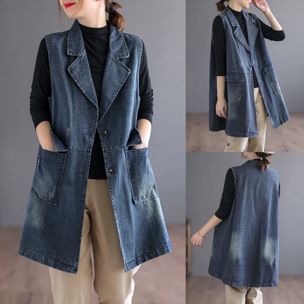 Plus Kích Thước Vintage Giữa Chiều Dài Denim Mới Rời Lắp Áo Vest Phù Hợp Với Cổ