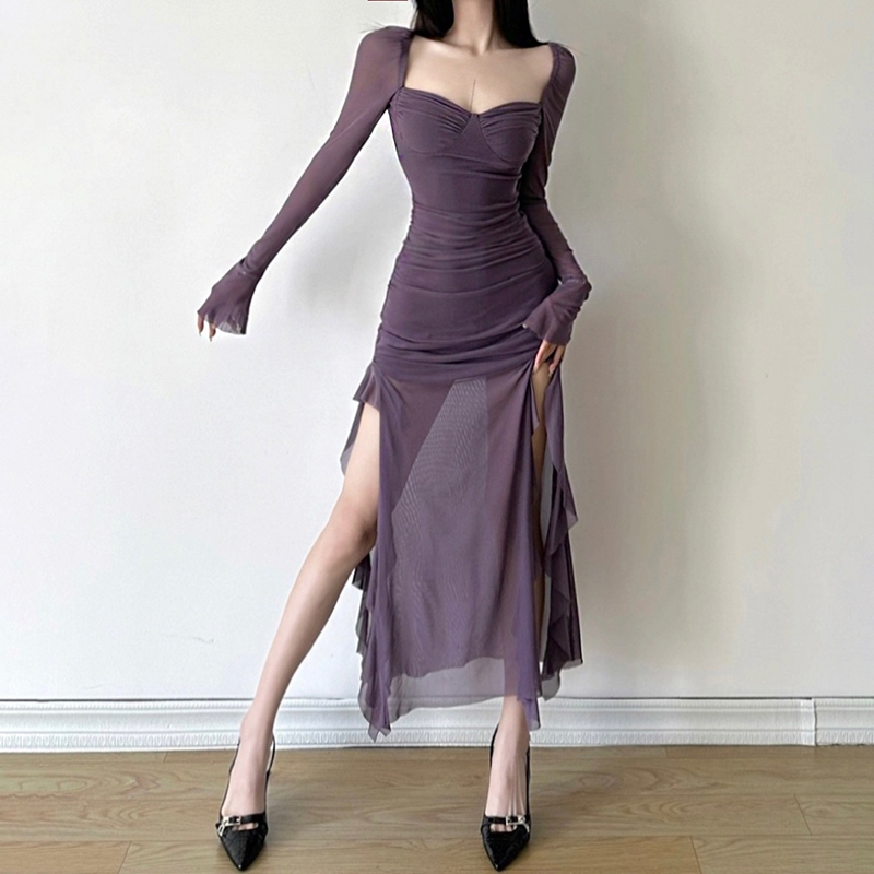 Cutenew Thanh Lịch Xù Dài Tay Nữ Mùa Xuân 2024 Mỏng Cổ Vuông Cắt Bên Midi Đầm Câu Lạc Bộ Dự Tiệc