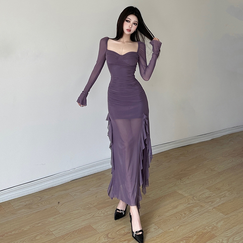 Cutenew Thanh Lịch Xù Dài Tay Nữ Mùa Xuân 2024 Mỏng Cổ Vuông Cắt Bên Midi Đầm Câu Lạc Bộ Dự Tiệc