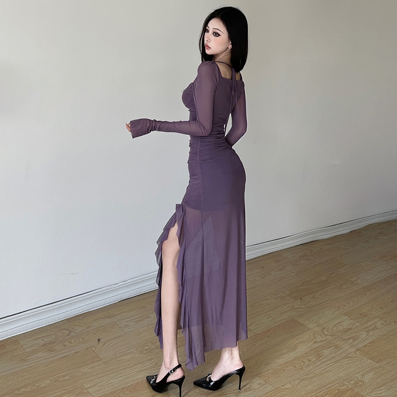 Cutenew Thanh Lịch Xù Dài Tay Nữ Mùa Xuân 2024 Mỏng Cổ Vuông Cắt Bên Midi Đầm Câu Lạc Bộ Dự Tiệc