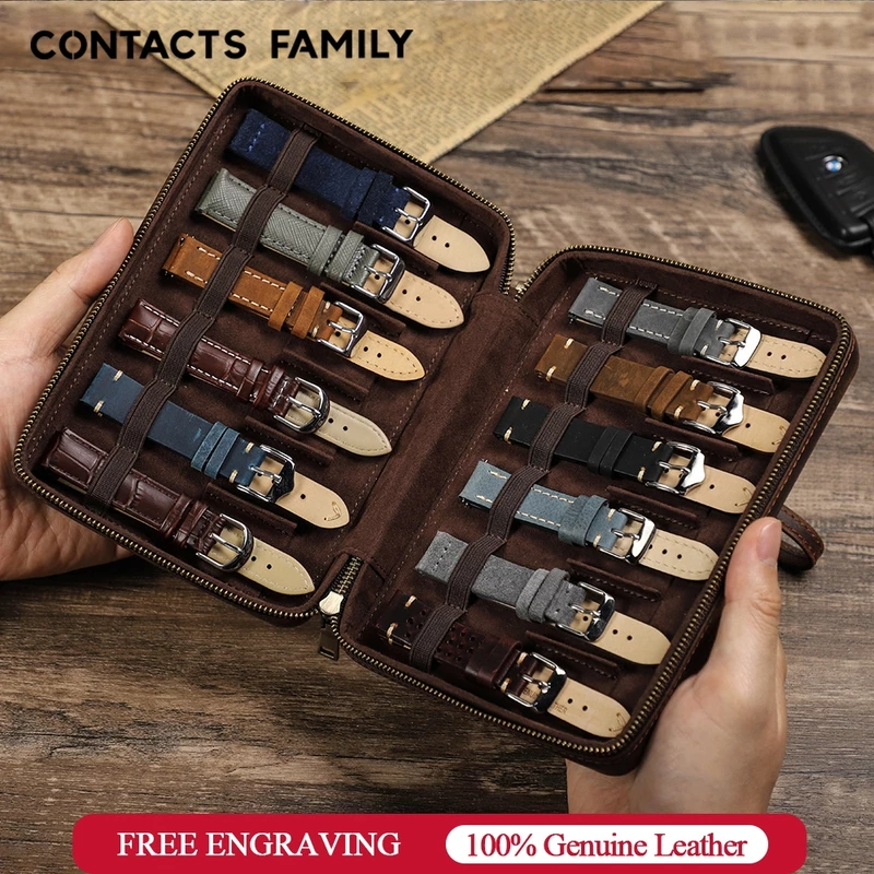 CONTACTS FAMILY Retro Da Thật Chính Hãng Dây Đeo Đồng Hồ Hộp Sắp Xếp 12 Khe Nam Dây Đeo Đồng Hồ Túi Bảo Quản Du Lịch Dây Đeo Đồng Hồ Cho Vòng Tay Apple — ảnh 1