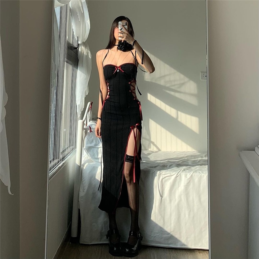 Cutenew Gợi Cảm Bên Khe Ruy Băng Dây Đảng Dài Đầm Nữ Thanh Lịch Dây Lưng Đen Tắt Vai Bodycon Midi Dress y2k