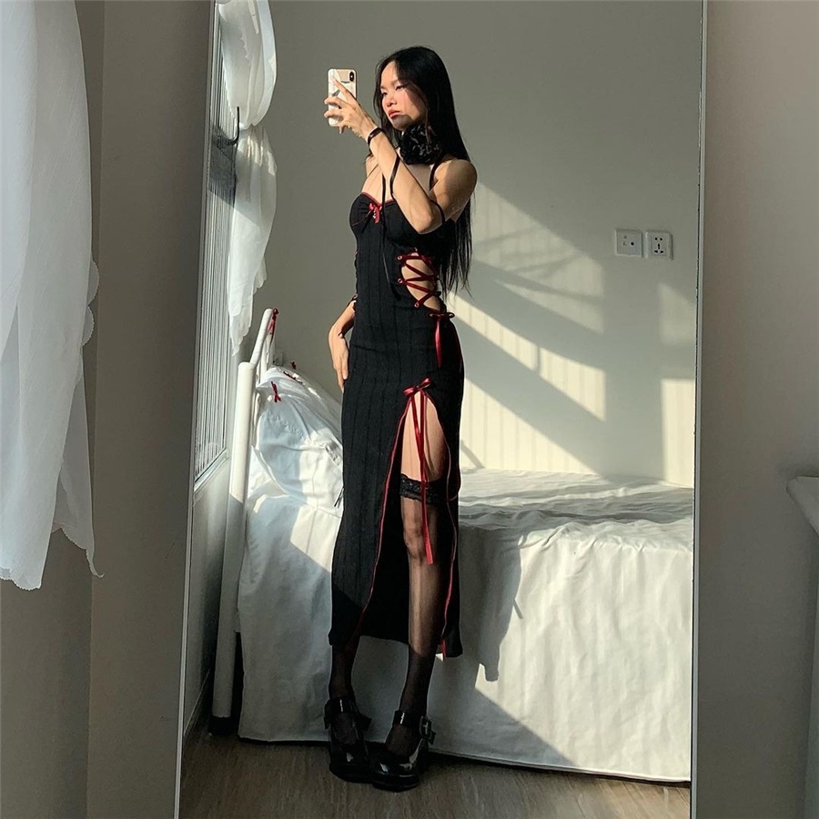 Cutenew Gợi Cảm Bên Khe Ruy Băng Dây Đảng Dài Đầm Nữ Thanh Lịch Dây Lưng Đen Tắt Vai Bodycon Midi Dress y2k