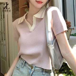 ZHELIHANGFEI Polo Cổ Băng Lụa Đan Áo Sơ Mi Nhỏ Slim Ngắn Tay Áo Thun Nữ Top