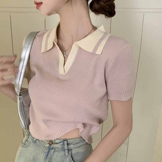 ZHELIHANGFEI Polo Cổ Băng Lụa Đan Áo Sơ Mi Nhỏ Slim Ngắn Tay Áo Thun Nữ Top