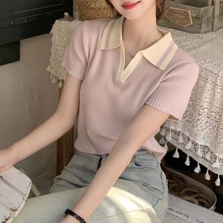 ZHELIHANGFEI Polo Cổ Băng Lụa Đan Áo Sơ Mi Nhỏ Slim Ngắn Tay Áo Thun Nữ Top