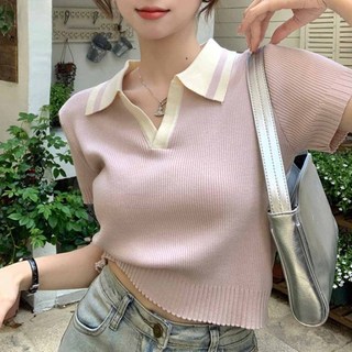 ZHELIHANGFEI Polo Cổ Băng Lụa Đan Áo Sơ Mi Nhỏ Slim Ngắn Tay Áo Thun Nữ Top