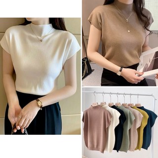 Áo len tay cổ lọ 3 phân nữ len lông thỏ siêu mềm mịn,  Áo thun dệt kim tay ngắn hàng mềm mịn bo chun eo