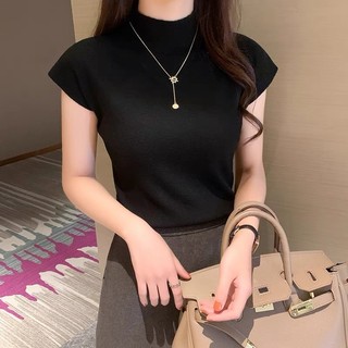 Áo len tay cổ lọ 3 phân nữ len lông thỏ siêu mềm mịn,  Áo thun dệt kim tay ngắn hàng mềm mịn bo chun eo