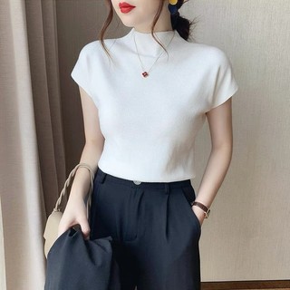 Áo len tay cổ lọ 3 phân nữ len lông thỏ siêu mềm mịn,  Áo thun dệt kim tay ngắn hàng mềm mịn bo chun eo