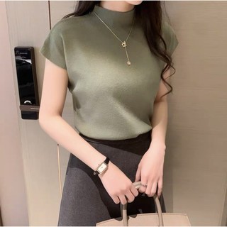 Áo len tay cổ lọ 3 phân nữ len lông thỏ siêu mềm mịn,  Áo thun dệt kim tay ngắn hàng mềm mịn bo chun eo