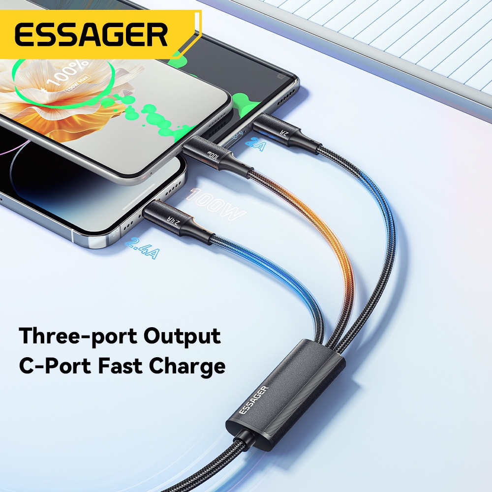 Ảnh Dây cáp sạc ESSAGER 3 trong 1 Micro USB Type C IOS fsat cho Huawei Samsung 7A 100W 1