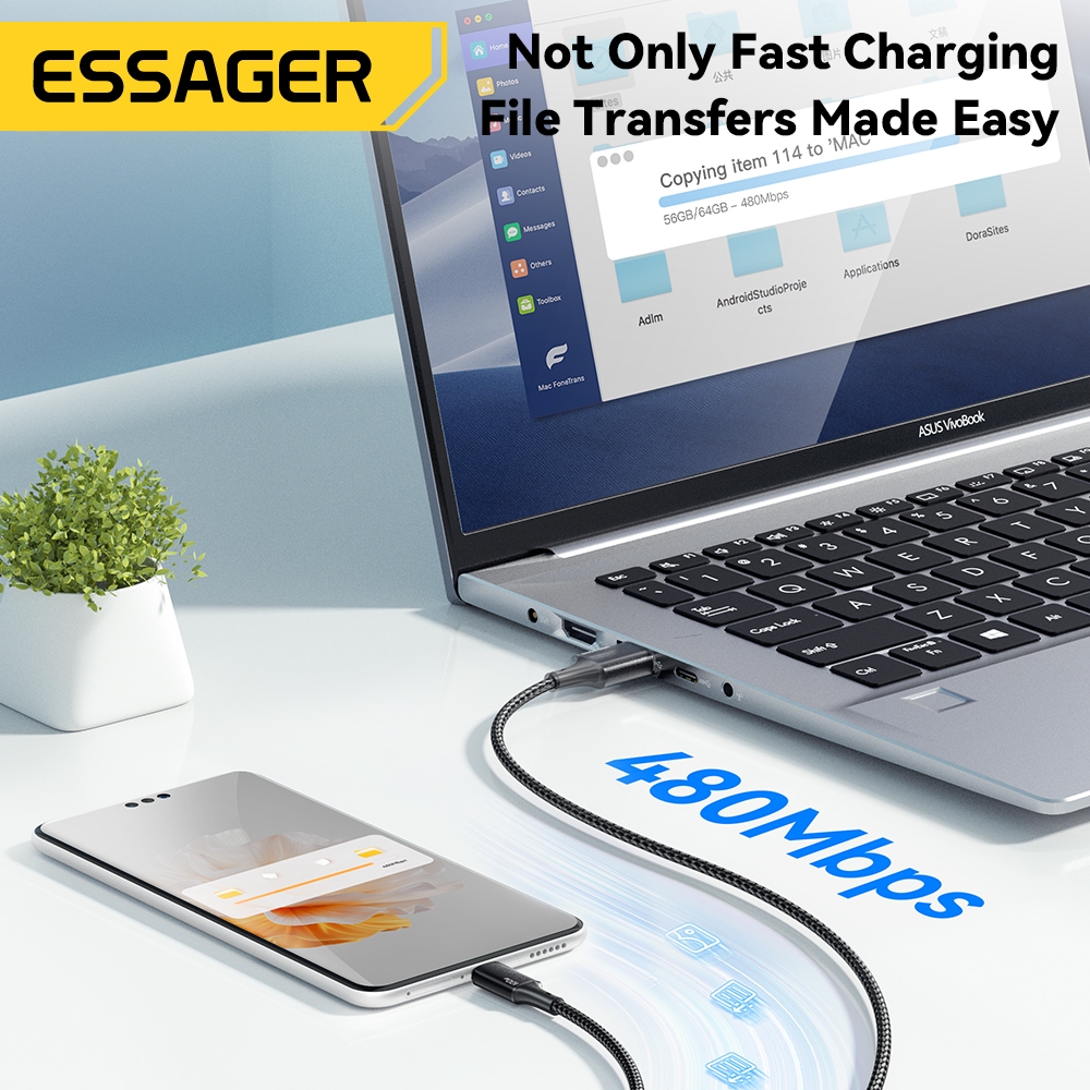 Ảnh Dây cáp sạc ESSAGER 3 trong 1 Micro USB Type C IOS fsat cho Huawei Samsung 7A 100W 4