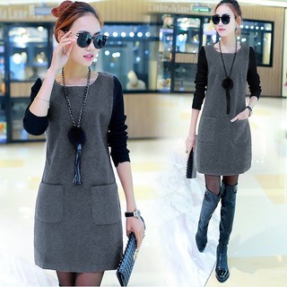 Đầm Dài Trung Bình Giả Hai Lớp Lót Lông Thời Trang Thu Đông Phong Cách Hàn Quốc Cho Nữ