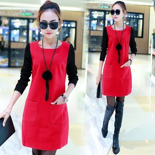 Đầm Dài Trung Bình Giả Hai Lớp Lót Lông Thời Trang Thu Đông Phong Cách Hàn Quốc Cho Nữ